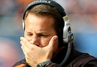 CHICAGO - NOVEMBER 01: Head coach Eric Mangini of the Cleveland Browns reacts as his team takes on the Chicago Bears at Soldier Field on November 1, 2009 in Chicago, Illinois. The Bears defeated the Browns 30-6. (Photo by Jonathan Daniel/Getty Images)