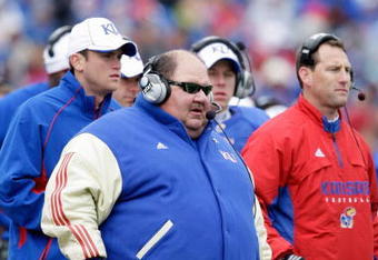 LAWRENCE, KS - OCTOBER 10:  Head coach Mark Mangino of the Kansas Jayhawks looks on during the game against the Iowa State Cyclones on October 10, 2009 at Memorial Stadium in Lawrence, Kansas. (Photo by Jamie Squire/Getty Images)