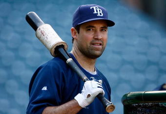 ANAHEIM, CA - AUGUST 10:  Pat Burrell #5 of the Tampa Bay Rays looks on during batting practice prior to the game against the Los Angeles Angels of Anaheim at Angel Stadium on August 10, 2009 in Anaheim, California.  (Photo by Jeff Gross/Getty Images)