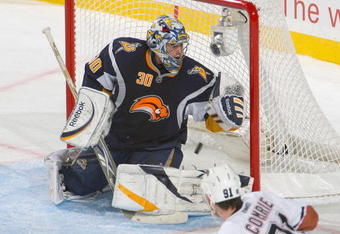 BUFFALO, NY - NOVEMBER 11:  Ryan Miller #30 of the Buffalo Sabres allows a shot by Patrick O'Sullivan #19 of the Edmonton Oilers (not shown ) to get past for Edmonton's first goal as Mike Comrie #91 of the Oilers watches  at HSBC Arena on November 11, 2009 in Buffalo, New York.  (Photo by Rick Stewart/Getty Images)