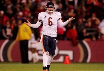 SAN FRANCISCO - NOVEMBER 12: Quarterback Jay Cutler #6 of the Chicago Bears reacts in the second half against the San Francisco 49ers at Candlestick Park on November 12, 2009 in San Francisco, California.  (Photo by Ezra Shaw/Getty Images)