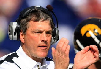 TAMPA, FL - JANUARY 01:  Iowa Hawkeyes head coach Kirk Ferentz is seen during the game against the South Carolina Gamecocks during the Outback Bowl on January 1, 2009 at Raymond James Stadium in Tampa, Florida.  (Photo by Scott Halleran/Getty Images)