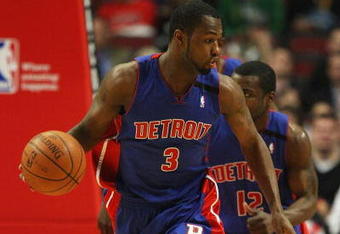 CHICAGO - MARCH 24: Rodney Stuckey #3 of the Detroit Pistons brings the ball upcourt against the Chicago Bulls on March 24, 2009 at the United Center in Chicago, Illinois. The Bulls defeated the Pistons 99-91. NOTE TO USER: User expressly acknowledges and agreees that, by downloading and/or using this Photograph, User is consenting to the terms and conditions of the Getty Images License Agreement. (Photo by Jonathan Daniel/Getty Images)