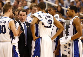 GREENSBORO, NC - MARCH 21:  Head coach Mike Krzyzewski of the Duke Blue Devils directs his team against the Texas Longhorns during the second round of the NCAA Division I Men's Basketball Tournament at the Greensboro Coliseum on March 21, 2009 in Greensboro, North Carolina.  (Photo by Streeter Lecka/Getty Images)