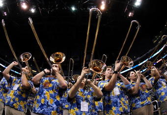 LOS ANGELES, CA - MARCH 12:  The UCLA band performs prior to UCLA Bruins against the Washington State Cougars in the Pacific Life Pac-10 Men's Basketball Tournament at the Staples Center on March 12, 2009 in Los Angeles, California.  (Photo by Harry How/Getty Images)