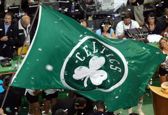 BOSTON - JUNE 17:  A Boston Celtics flag is on the court after the Celtics defeated the Los Angeles Lakers in Game Six of the 2008 NBA Finals on June 17, 2008 at TD Banknorth Garden in Boston, Massachusetts. NOTE TO USER: User expressly acknowledges and agrees that, by downloading and/or using this Photograph, user is consenting to the terms and conditions of the Getty Images License Agreement.  (Photo by Kevin C. Cox/Getty Images)