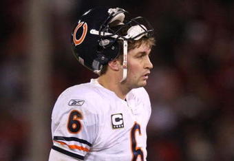 SAN FRANCISCO - NOVEMBER 12:  Jay Cutler #6 of the Chicago Bears walks towards the sidelines against the San Francisco 49ers at Candlestick Park on November 12, 2009 in San Francisco, California. The 49ers won 10-6. (Photo by Jed Jacobsohn/Getty Images)