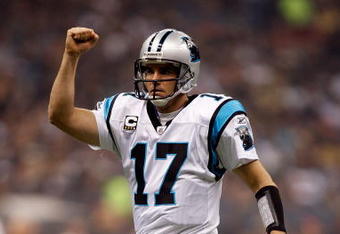 NEW ORLEANS - NOVEMBER 08:  Quarterback Jake Delhomme #17 of the Carolina Panthers reacts after a touchdown against the New Orleans Saints at Louisiana Superdome on November 8, 2009 in New Orleans, Louisiana.  (Photo by Ronald Martinez/Getty Images)