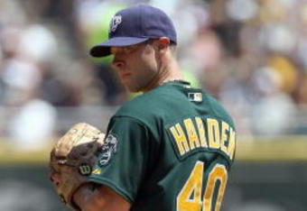 CHICAGO - JULY 06: Rich Harden #40 of the Oakland Athletics pitches against the Chicago White Sox on July 6, 2008 at U.S. Cellular Field in Chicago, Illinois. The White Sox defeated the Athletics 4-3. (Photo by Jonathan Daniel/Getty Images) 