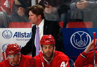 DETROIT - OCTOBER 10:  Head coach Mike Babcock of the Detroit Red Wings looks on during the game against the Washington Capitals on October 10, 2009 at Joe Louis Arena in Detroit, Michigan. (Photo by Gregory Shamus/Getty Images)
