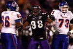 SAN DIEGO, CA - DECEMBER 23:  Defensive End Jerry Hughes #98 of the TCU Horned Frogs celebrates his sack Quarterback Kellen Moore #11 of Boise State Broncos during Frogs' 17-16 win over the Broncos in the San Diego County Credit Union Poinsettia Bowl at Qualcomm Stadium on December 23, 2008 in San Diego, California. (Photo by Donald Miralle/Getty Images)