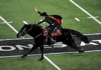 LUBBOCK, TX - NOVEMBER 08:  The Texas Tech Red Raiders Masked Rider during a game against the Oklahoma State Cowboys at Jones AT&T Stadium on November 8, 2008 in Lubbock, Texas.  (Photo by Ronald Martinez/Getty Images)