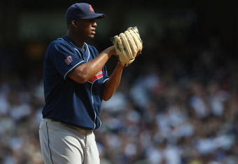 NEW YORK - APRIL 18:  Fausto Carmona #55 of the Cleveland Indians pitches against the New York Yankees at Yankee Stadium on April 18, 2009 in the Bronx borough of New York City.  (Photo by Nick Laham/Getty Images)