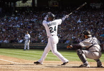 SEATTLE - SEPTEMBER 20:  Ken Griffey Jr #24 of the Seattle Mariners makes a hit during the game against the New York Yankees on September 20, 2009 at Safeco Field in Seattle, Washington. (Photo by Otto Greule Jr/Getty Images)  