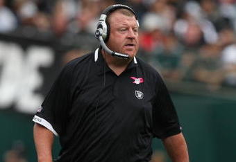 OAKLAND, CA - OCTOBER 18:  Head coach Tom Cable of the Oakland Raiders looks on against the Philadelphia Eagles during an NFL game at the Oakland-Alameda County Coliseum on October 18, 2009 in Oakland, California.  (Photo by Jed Jacobsohn/Getty Images)