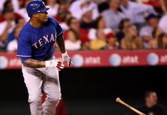 ANAHEIM, CA - JULY 8:  Andruw Jones #25 of the Texas Rangers hits his third home run of the game against the Los Angeles Angels of Anaheim in the fifth inning at Angel Stadium July 8, 2009 in Anaheim, California.  (Photo by Stephen Dunn/Getty Images)