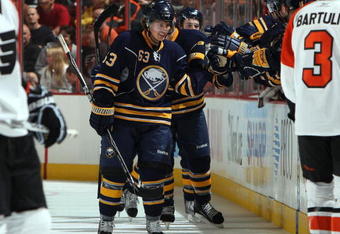 PHILADELPHIA - NOVEMBER 14:  Tyler Ennis #63 of the Buffalo Sabres celebrates after scoring his first NHL goal against the Philadelphia Flyers on November 14, 2009 at Wachovia Center in Philadelphia, Pennsylvania.  (Photo by Jim McIsaac/Getty Images)