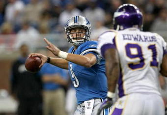 DETROIT - SEPTEMBER 20:  Quarterback Matthew Stafford #9 of the Detroit Lions throws a pass against the Minnesota Vikings at Ford Field on September 20, 2009 in Detroit, Michigan. The Vikings won 27-13.  (Photo by Stephen Dunn/Getty Images)