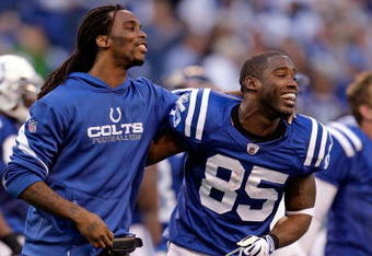 INDIANAPOLIS - NOVEMBER 08:  Pierre Garcon #85 of the Indianapolis Colts celebrates after the Colts beat  the Houston Texans 20-17 at Lucas Oil Stadium on November 8, 2009 in Indianapolis, Indiana.  (Photo by Andy Lyons/Getty Images)