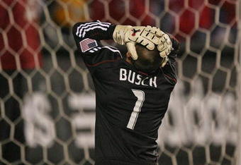 BRIDGEVIEW, IL - NOVEMBER 14: Jon Busch #1 of the Chicago Fire reacts after giving up the winning goal to Real Salt Lake during the MLS Eastern Conference Championship at Toyota Park on November 14, 2009 in Bridgeview, Illinois. Real Salt Lake defeated the Fire 0-0 (5-4) in a shoot-out. (Photo by Jonathan Daniel/Getty Images)