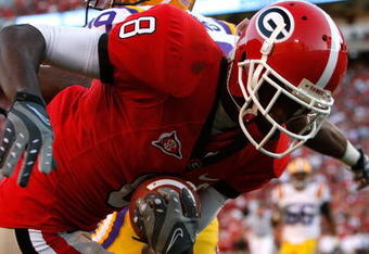 ATHENS, GA - OCTOBER 03: A.J. Green #8 of the Georgia Bulldogs pulls in a touchdown reception against Chris Hawkins #29 of the Louisiana State University Tigers at Sanford Stadium on October 3, 2009 in Athens, Georgia. (Photo by Kevin C. Cox/Getty Images)