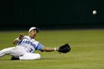 OMAHA, NE - JUNE 24:  Leftfielder Reid Fronk #7 of the North Carolina Tar Heels attempts to make a sliding catch in the outfield during their 9-3 loss to the Oregon State Beavers in Game 2 of the NCAA College World Series Championship at Rosenblatt Stadium on June 24, 2007 in Omaha, Nebraska. (Photo by Kevin C. Cox/Getty Images)
