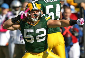 GREEN BAY, WI - OCTOBER 18: Clay Matthews #52 of the Green Bay Packers celebrates a sack against the Detroit Lions at Lambeau Field on October 18, 2009 in Green Bay, Wisconsin. The Packers defeated the Lions 26-0. (Photo by Jonathan Daniel/Getty Images)