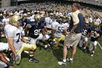 ATLANTA - APRIL 19: Head coach Paul Johnson of the Georgia Tech Yellow Jackets addresses the entire team after the Georgia Tech T-Day Spring football game on April 19, 2008 at Historic Grant Field at Bobby Dodd Stadium in Atlanta, Georgia.  (Photo by Mike Zarrilli/Getty Images)