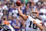 BALTIMORE - SEPTEMBER 27:  Brady Quinn #10 of the Cleveland Browns passes against the Baltimore Ravens at M&T Bank Stadium on September 27, 2009 in Baltimore, Maryland. The Ravens defeated the Browns 34-3. (Photo by Larry French/Getty Images)
