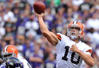 BALTIMORE - SEPTEMBER 27:  Brady Quinn #10 of the Cleveland Browns passes against the Baltimore Ravens at M&T Bank Stadium on September 27, 2009 in Baltimore, Maryland. The Ravens defeated the Browns 34-3. (Photo by Larry French/Getty Images)