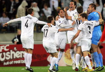 WELLINGTON, NEW ZEALAND - NOVEMBER 14:  The All Whites celebrate their win during the 2010 FIFA World Cup Asian Qualifier match between New Zealand and Bahrain at Westpac Stadium on November 14, 2009 in Wellington, New Zealand.  (Photo by Marty Melville/Getty Images)
