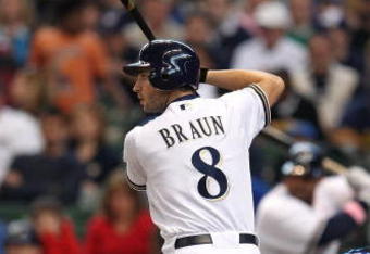 MILWAUKEE - MAY 10: Ryan Braun #8 of the Milwaukee Brewers prepares to bat against the Chicago Cubs on May 10, 2009 at Miller Park in Milwaukee, Wisconsin. The Cubs defeated the Brewers 4-2. (Photo by Jonathan Daniel/Getty Images)