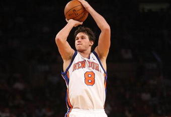 NEW YORK - NOVEMBER 09: Danilo Gallinari #8 of the New York Knicks shoots the ball against the Utah Jazz at Madison Square Garden on November 9, 2009 in New York City. NOTE TO USER: User expressly acknowledges and agrees that, by downloading and or using this photograph, User is consenting to the terms and conditions of the Getty Images License Agreement.  (Photo by Nick Laham/Getty Images)