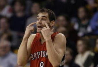 BOSTON - JANUARY 12:  Jose Calderon #8 of the Toronto Raptors reacts during a game against the Boston Celtics at the TD Banknorth Garden on January 12, 2007 in Boston, Massachusetts.  The Raptors defeated the Celtics 95-86. NOTE TO USER: User expressly acknowledges and agrees that, by downloading and or using this photograph, User is consenting to the terms and conditions of the Getty Images License Agreement. (Photo by Elsa/Getty Images)