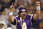 MINNEAPOLIS - NOVEMBER 15:  Brett Favre #4 of the Minnesota Vikings celebrates a touchdown in the fourth quarter against the Detroit Lions on November 15, 2009 at Hubert H. Humphrey Metrodome in Minneapolis, Minnesota. The Vikings defeated the Lions 27-10.  (Photo by Elsa/Getty Images)