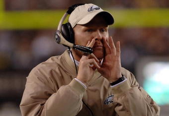 Philadelphia Eagles secondary coach Sean McDermott directs the defense  against the Dallas Cowboys November 14, 2005 at Lincoln Financial Field in Philadelphia.  The Cowboys defeated the Eagles 21 - 20.  (Photo by Al Messerschmidt/Getty Images)