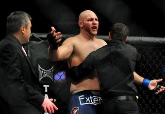 LOS ANGELES, CA - OCTOBER 24:  UFC fighter Ben Rothwell reacts after the bout is called in favor of UFC fighter Cain Velasquez (not pictured) during their Heavyweight bout at UFC 104: Machida vs. Shogun at Staples Center on October 24, 2009 in Los Angeles, California.  Velasquez won the fight by way of TKO.  (Photo by Jon Kopaloff/Getty Images)