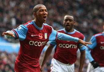 BIRMINGHAM, ENGLAND - NOVEMBER 07:  Ashley Young of Aston Villa  celebrates his goal during the Barclays Premier League match between Aston Villa and Bolton Wanderers at Villa Park on November 7, 2009 in Birmingham, England.  (Photo by Mark Thompson/Getty Images)