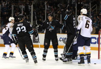 SAN JOSE, CA - NOVEMBER 10:  Joe Pavelski #8 of the San Jose Sharks celebrates after scoring a goal in the first period against the Nashville Predators during their NHL game at the HP Pavilion on November 10, 2009 in San Jose, California.(Photo by Jed Jacobsohn/Getty Images)