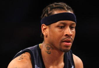 LOS ANGELES, CA - NOVEMBER 06:  Allen Iverson #3 of the Memphis Grizzlies on the court against the Los Angeles Lakers on November 6, 2009 at Staples Center in Los Angeles, California. The Lakers won 114-98. NOTE TO USER: User expressly acknowledges and agrees that, by downloading and/or using this Photograph, user is consenting to the terms and conditions of the Getty Images License Agreement.  (Photo by Stephen Dunn/Getty Images)