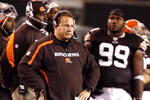 CLEVELAND - NOVEMBER 16:  Eric Mangini head coach of the Cleveland Browns watches his team against the Baltimore Ravens at Cleveland Browns Stadium on November 16, 2009 in Cleveland, Ohio.  (Photo by Matt Sullivan/Getty Images)