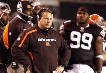 CLEVELAND - NOVEMBER 16:  Eric Mangini head coach of the Cleveland Browns watches his team against the Baltimore Ravens at Cleveland Browns Stadium on November 16, 2009 in Cleveland, Ohio.  (Photo by Matt Sullivan/Getty Images)