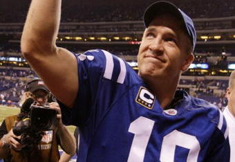 INDIANAPOLIS - NOVEMBER 15: Quarterback Peyton Manning #18 of the Indianapolis Colts celebrates his teams 35-34 victory over the New England Patriots after the game at Lucas Oil Stadium on November 15, 2009 in Indianapolis, Indiana.  (Photo by Andy Lyons/Getty Images)