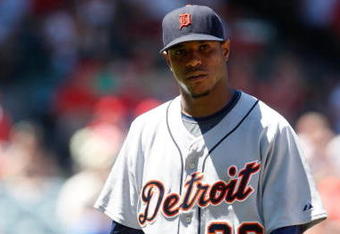 ANAHEIM, CA - AUGUST 26:  Edwin Jackson #36 of the Detroit Tigers walks back to the dugout against the Los Angeles Angels of Anaheim at Angel Stadium on August 26, 2009 in Anaheim, California.  (Photo by Jeff Gross/Getty Images)