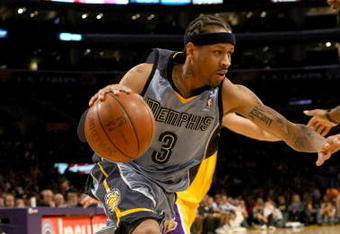 LOS ANGELES - NOVEMBER 6:   Allen Iverson #3 of the Memphis Grizzlies drives against the Los Angeles Lakers on November 6, 2009 at Staples Center in Los Angeles, California. The Lakers won 114-98. NOTE TO USER: User expressly acknowledges and agrees that, by downloading and/or using this Photograph, user is consenting to the terms and conditions of the Getty Images License Agreement.    (Photo by Stephen Dunn/Getty Images)