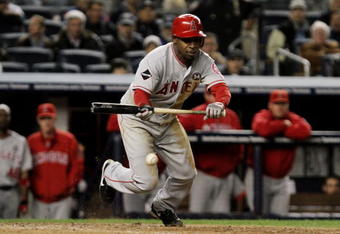 NEW YORK - OCTOBER 25:  Chone Figgins #9 of the Los Angeles Angels of Anaheim bunts out on batter's interference in the top of the sixth inning of Game Six of the ALCS against the New York Yankees during the 2009 MLB Playoffs at Yankee Stadium on October 25, 2009 in the Bronx borough of New York City.  (Photo by Al Bello/Getty Images)