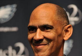 PHILADELPHIA - AUGUST 14: Tony Dungy speaks at a press conference introducing Michael Vick at the NovaCare Complex on August 14, 2009 in Philadelphia, Pennsylvania. Vick signed a one-year contract, with a second year option, with the Eagles.  (Photo by Larry French/Getty Images)