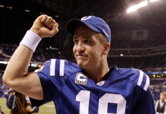 INDIANAPOLIS - NOVEMBER 15: Quarterback Peyton Manning #18 of the Indianapolis Colts celebrates his teams 35-34 victory over the New England Patriots after the game at Lucas Oil Stadium on November 15, 2009 in Indianapolis, Indiana.  (Photo by Andy Lyons/Getty Images)