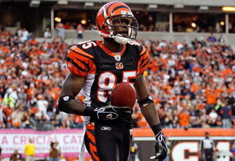 CINCINNATI - OCTOBER 25:  Chad Ochocinco #85 of the Cincinnati Bengals scores a touchdown during the NFL game against the Chicago Bears at Paul Brown Stadium on October 25, 2009 in Cincinnati, Ohio.  The Bengals won 45-10.  (Photo by Andy Lyons/Getty Images)