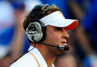 GAINESVILLE, FL - SEPTEMBER 19: Head coach Lane Kiffin of the Tennessee Volunteers watches the action during the game against the Florida Gators at Ben Hill Griffin Stadium on September 19, 2009 in Gainesville, Florida.  (Photo by Sam Greenwood/Getty Images)
